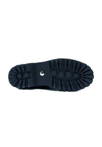 Suola di scarpa in gomma con scanalature profonde per trazione. Colore scuro, materiale resistente, dettaglio ad accento esagonale al centro, motivo simmetrico.