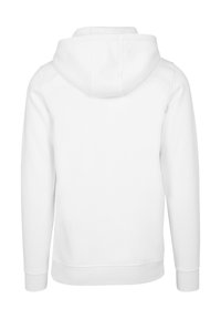 White hooded sweatshirt with long sleeves, ribbed cuffs and hem, smooth texture, large back pocket, and clean design.