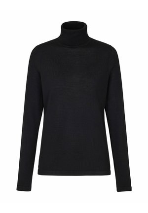 Czarny sweter z długim rękawem i golfem, wykonany z miękkiego materiału, o dopasowanym kroju i prążkowanych akcentach przy szyi oraz mankietach.