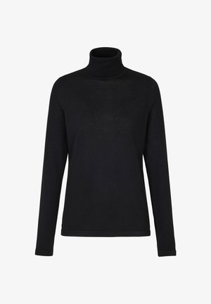 Zwarte langemouwen turtleneck trui van zacht materiaal, met een aansluitend ontwerp en ribbelaccenten rond de hals en manchetten.