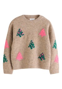 Maglione beige realizzato in morbido materiale a maglia, con disegni di alberi di Natale verdi e rosa decorati con pon pon su tutta la superficie.