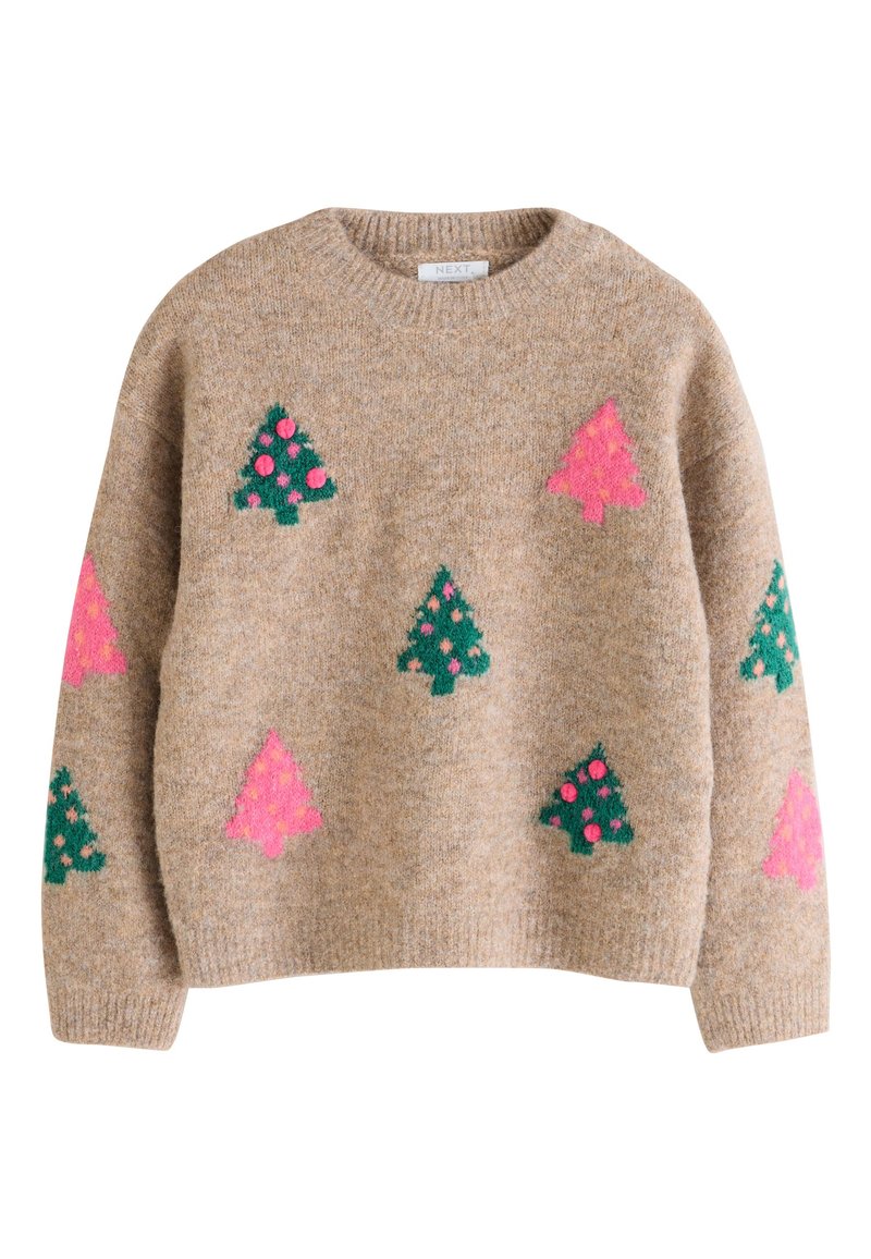 Maglione beige realizzato in morbido materiale a maglia, con disegni di alberi di Natale verdi e rosa decorati con pon pon su tutta la superficie.