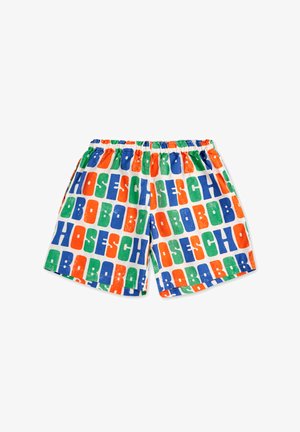 Colorful shorts featuring a bold, repeated block text pattern in blue, green, orange, and white. Elastic waistband for adjustable fit.