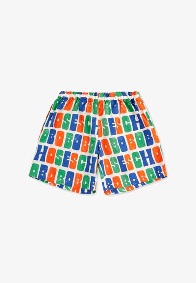Shorts colorés avec un motif de texte en blocs audacieux et répétés en bleu, vert, orange et blanc. Taille élastique pour un ajustement réglable.