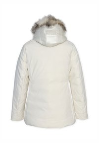 Giacca bianca imbottita con cappuccio, caratterizzata da un bordo in pelliccia sintetica, motivo trapuntato e finitura testurizzata. Nessun hardware visibile o tasche.
