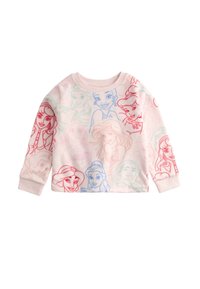 Maglietta rosa chiaro a maniche lunghe per bambini con volti di principesse animate disegnati in line art colorata stampati su tutta la superficie.