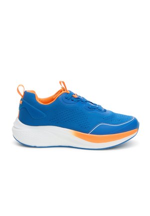 Blue and orange athletic sneaker with mesh upper, lace-up closure, thick white sole, and pull tabs on tongue and heel.