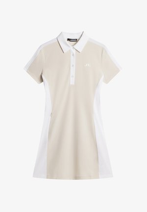 Abito polo beige con maniche corte, pannelli laterali bianchi, placca con bottoni, texture a righe e un piccolo logo sul davanti.