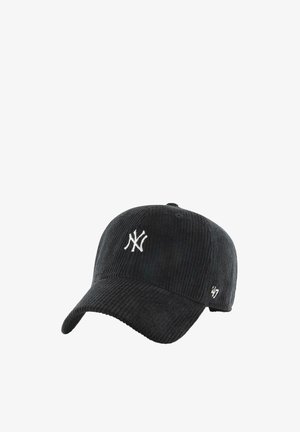 Cappellino da baseball nero in velluto a coste con logo bianco dei New York Yankees ricamato sul davanti e marchio '47 cucito sul lato.