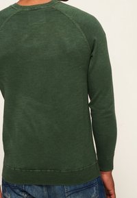 Dunkelgrüner Pullover mit langen Ärmeln, gerippten Bündchen und Saum sowie einer leicht strukturierten Oberfläche. Mit Rundhalsausschnitt und Raglanärmeln.