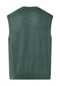 Bezrekawnik, ciemnozielony dzianinowy sweter bez rękawów, z okrągłym dekoltem i prążkowanym dołem, widoczny od tyłu.