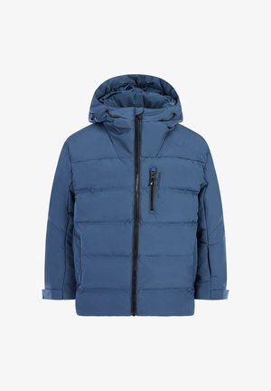 Doudoune bleue avec capuche, dotée d'une fermeture éclair à l'avant et d'une poche sur la poitrine. Fabriquée en tissu lisse et imperméable avec des panneaux cousus.