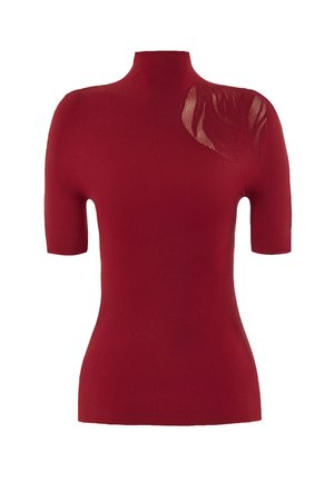 Top fitted rosso con maniche corte, colletto alto e un motivo a foglie testurizzato sulla spalla sinistra. Tessuto liscio con un design elegante.