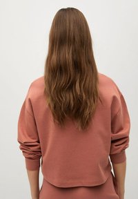 Różowa, przykurzona różowa krótka bluza z luźnymi rękawami, wykonana z miękkiej tkaniny. Pokazana od tyłu, z widocznymi długimi, falującymi brązowymi włosami.