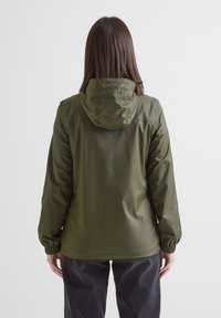 Olive green waterproof jacket with a hood, elastic cuffs, and a smooth texture, featuring a simple design and no visible fasteners.