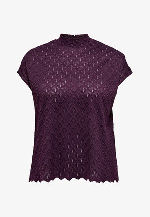 Purple short-sleeve top with high collar, featuring a textured pattern and scalloped hem. Made of lightweight, breathable fabric.