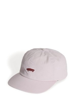 Light pink baseball cap with a small, dark red embroidered skateboard on the front panel, displayed against a white background.