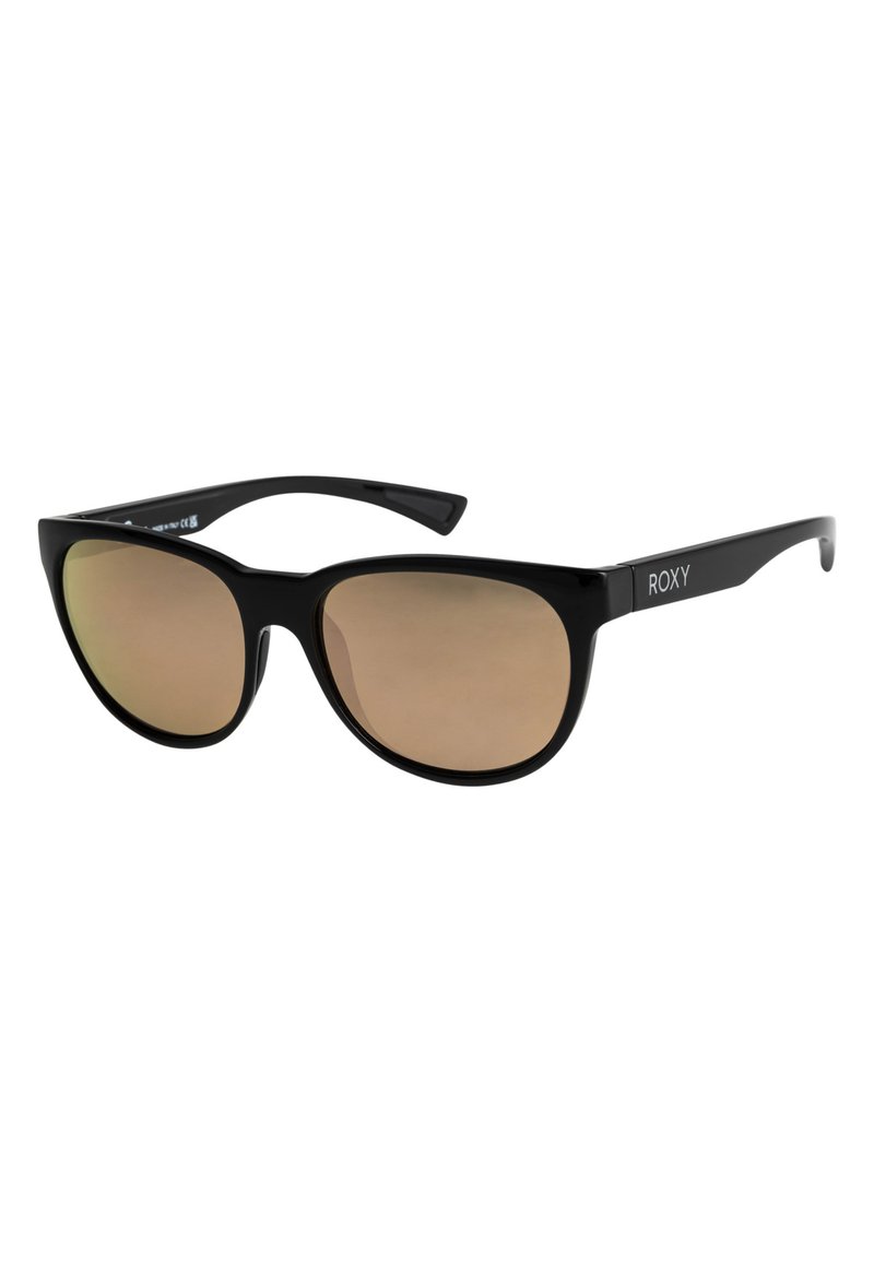 Gafas de sol de plástico negro con lentes marrones, con una forma curva y la marca Roxy en el costado. Textura suave sin patrones adicionales.