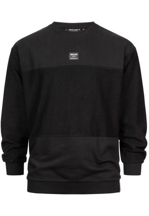 Schwarzer Sweatshirt mit Rundhalsausschnitt, langen Ärmeln und horizontalem strukturiertem Streifen. Auf der Brust befindet sich ein kleines Markenetikett.