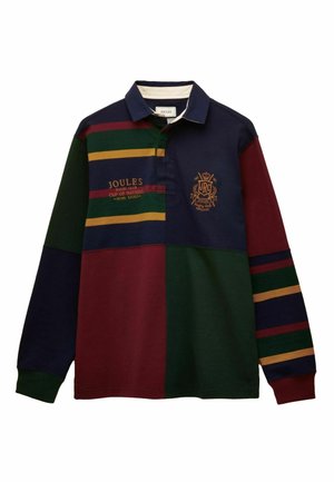 Langärmliges Rugby-Shirt mit marineblauen, grünen und burgunderfarbenen Farbblocks, gestreiften Ärmeln, gelbem Text und Rugby-Club-Wappen auf der Brust.