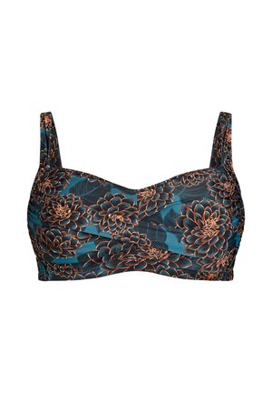 Black and teal floral bikini top with wide straps, ruched front, and a textured pattern of large blooms outlined in orange.