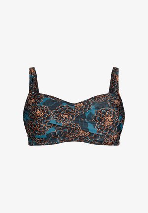 Svart och petrolfärgad blommig bikinöverdel med breda band, rynkad fram och ett texturerat mönster med stora blommor konturerade i orange.