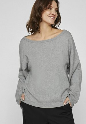 Grey, oversized sweater made of soft knit fabric with a wide boat neck, dropped shoulders, and ribbed cuffs. Features side slits at the hem.