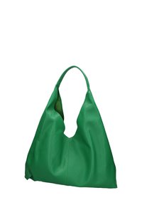 Borsa hobo in pelle verde con un design a ritaglio unico, texture morbida e una larga tracolla, dotata di un ampio interno per gli essenziali.