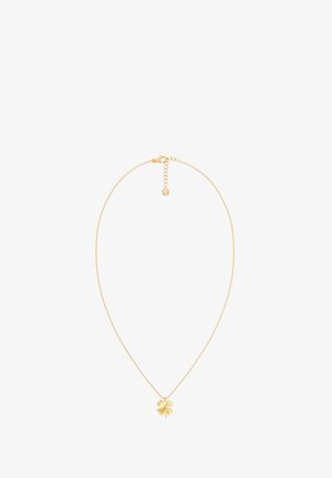 Collier en chaîne en or avec un pendentif en trèfle à quatre feuilles. Le pendentif a une texture lisse et des bords arrondis, fixé avec un fermoir en forme de homard.