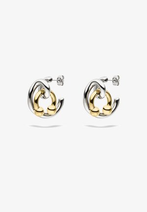 Silver and gold metal earrings featuring a twisted design with circular elements, polished texture, and spherical accents.