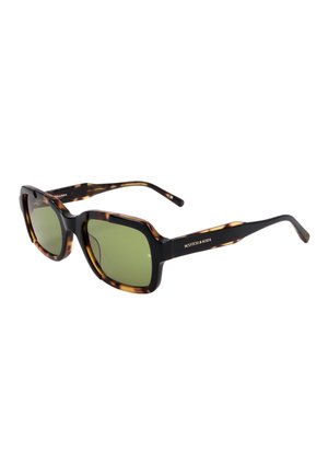 Occhiali da sole rettangolari tartarugati con lenti verdi e aste nere, con il logo Scotch & Soda in oro sul lato.