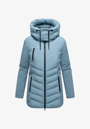 Light blue, padded jacket with a high collar and a zippered front. Features two side pockets and a sleek, quilted pattern. Black accents.