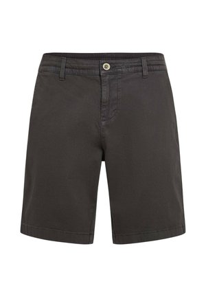 Dark gray shorts made of lightweight fabric. Features a button and elastic waistband, with straight hems and subtle side stitching.
