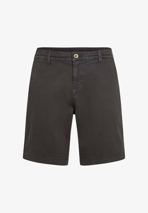 Pantaloncini grigio scuro realizzati in tessuto leggero. Presentano una chiusura con bottone e vita elasticizzata, con orli dritti e cuciture laterali sottili.