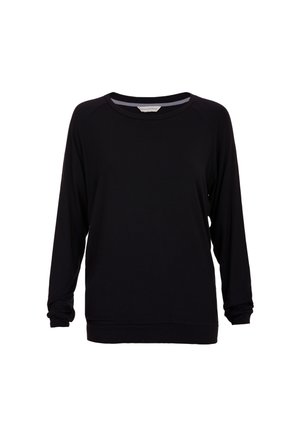 Zwarte lange mouw top van zacht materiaal met een ronde hals en een ontspannen pasvorm. Heeft raglan mouwen en een eenvoudig ontwerp.