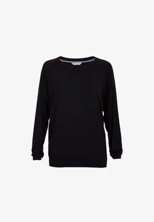 Top nero a maniche lunghe realizzato in tessuto morbido, con scollatura rotonda e vestibilità comoda. Presenta maniche raglan e un design semplice.