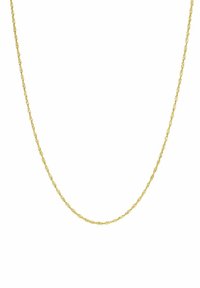 Złoty skręcony naszyjnik z łańcuszka o gładkiej, błyszczącej fakturze i jednolitym, pętelkowym wzorze, odpowiedni na różne style i okazje.