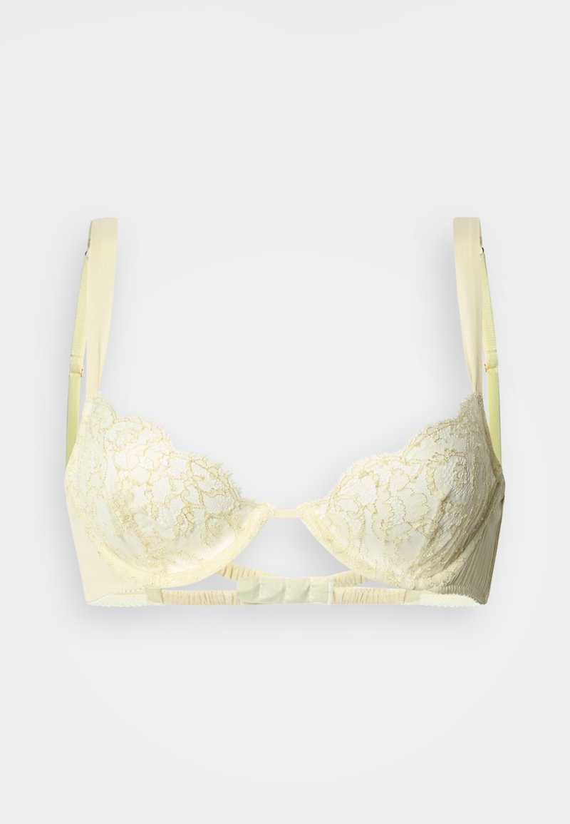 Κίτρινο σουτιέν με δαντέλα στα τελειώματα, επενδεδυμένες θήκες, ρυθμιζόμενους ιμάντες και οριζόντια κλείσιμο στην πλάτη. Λείο ύφασμα με λεπτή υφή.