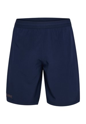 Short de sport bleu marine pour homme avec taille élastique, petit logo sur la partie inférieure gauche de la jambe, sans poches visibles ni cordons.