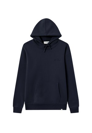 Mörkblå hoodie i bomullsblandning, med ficka fram, snörning i huvan och ribbad mudd och nederkant. Litet logo på bröstet.