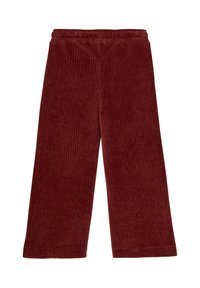 Brede corduroy broek in donkerrood met een elastische tailleband, plat gelegd op een witte achtergrond.