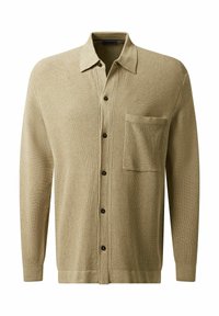 Beige gestrickte Strickjacke mit Kragen, langen Ärmeln, Knopfverschluss an der Vorderseite und einer einzelnen Brusttasche. Strukturierter Stoff mit Rippenmuster.