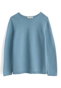 Lichtblauwe gebreide trui met een geribbelde structuur, een ronde halslijn en lange mouwen. Afgewerkt met een rechte zoom en subtiele stiksel details.