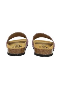 Purple slip-on sandals with a cork footbed and textured black rubber sole. Features two wide straps for a secure fit.