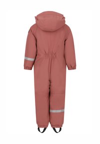 Roze waterdichte overall met capuchon, elastische taille, reflectoren op de mouwen en enkels, en verstelbare voetriemen.