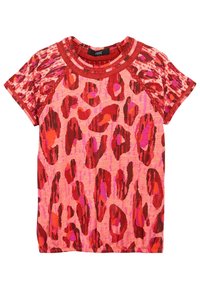 Kortærmet børneskjorte med pink, rød og orange abstrakt leopardprint og elastisk kant, mærket "Next" ved halsen.