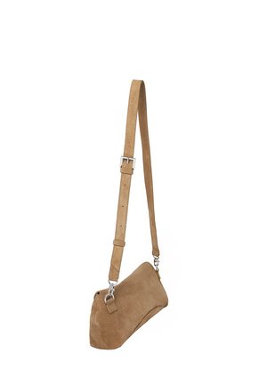 Brown suede rectangular shoulder bag with adjustable strap and silver metal buckles, isolated on white background.