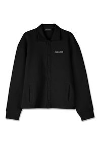 Black button-up jacket made from textured fabric, featuring a collar, long sleeves, side pockets, and a logo on the left side.