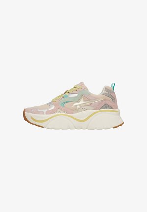 Chunky sneaker in pastel pink, beige, mint, and gray with yellow laces, metallic star detail, and thick white sole with yellow accent.