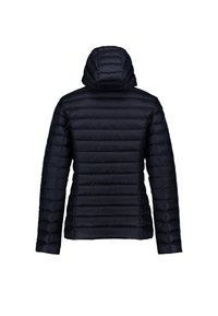 Giacca imbottita nera trapuntata con cappuccio, maniche lunghe e cuciture orizzontali, vista da dietro su uno sfondo bianco uniforme.